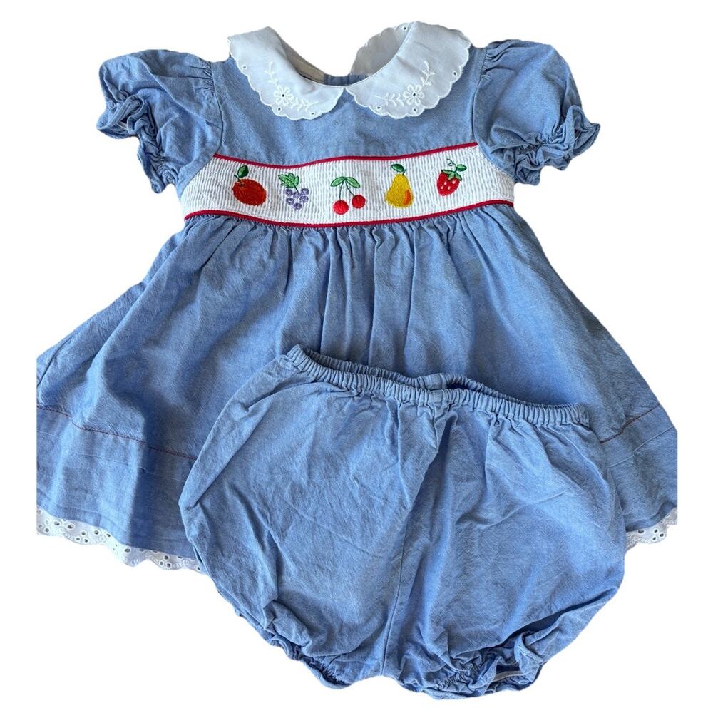 Vintage Blue Smocked Dress Bloomers Set Fruit Collar 6-9mo 100% Cotton